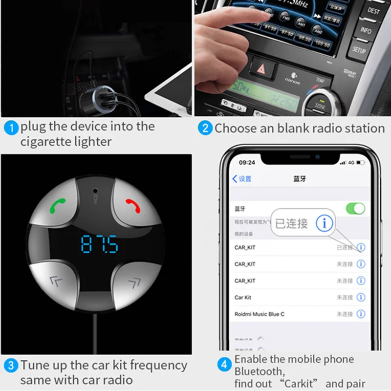 bluetooth Car Kit LCD Handsfree FM Transmitter Cigarette Lighter Wireless MP3 Player Support TF Card Music Play Dual USB Charger