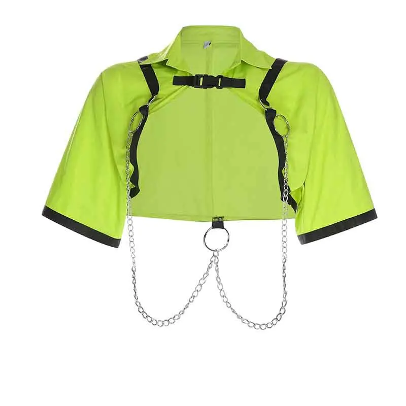 Панк готический неоновый цвет укороченный пиджак Wpmen уличная одежда на одной пуговице в стиле пэчворк с металлической цепочкой короткий рукав летнее Женское пальто - Цвет: Цвет: желтый