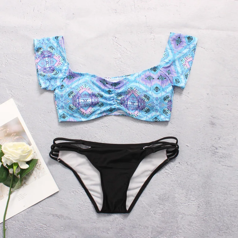 

2019 Print Blue Bikini Set Swimwear Women Sexy Swimsuit Off Shoulder Low Waist Cut Out Swim Wear Beach Bathing Suits Female