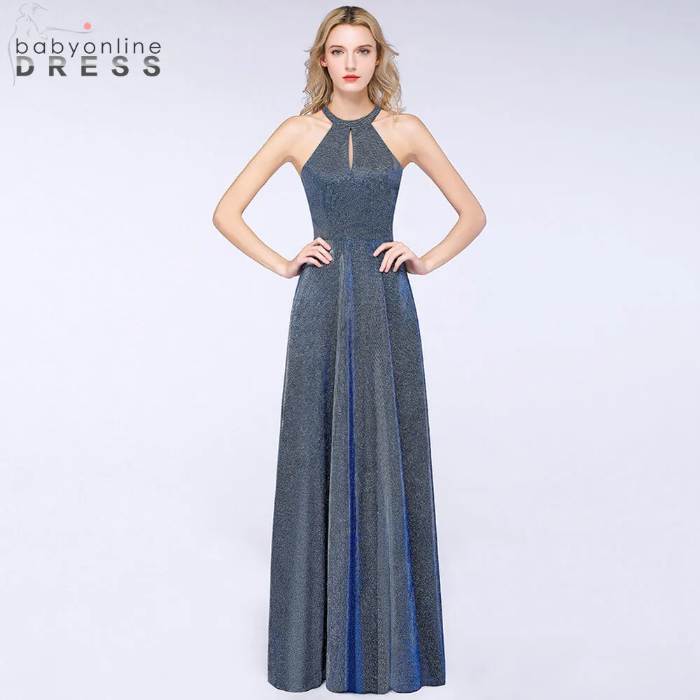 

Robe de Soiree Elegant Hollow Out Halter Neck Long Evening Dress 2019 Bright Silk Reflective Evening Gown Vestido de Festa Longo