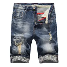 Мужская Высококачественная брендовая одежда новые летние мужские тонкие джинсовые шорты модные эластичные повседневные рваные джинсы однотонные шорты