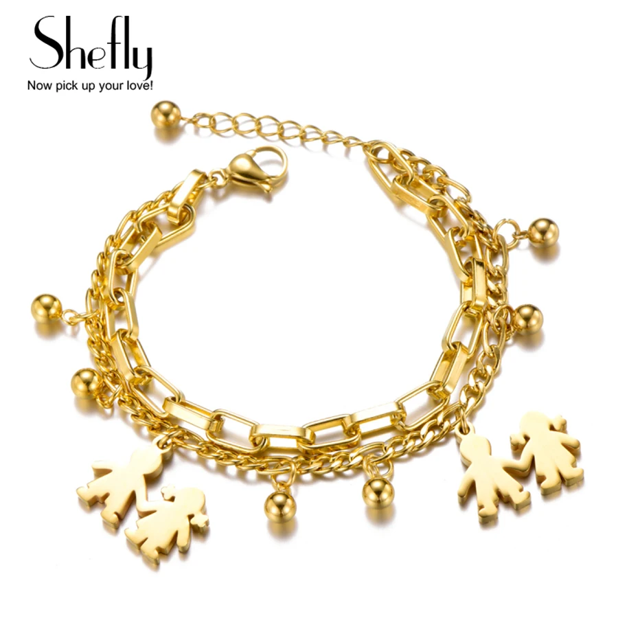 Fashion Stainless Steel Figure Bracelets With Girl Boy Kids Charm Bracelet 2 Layered Gold Link