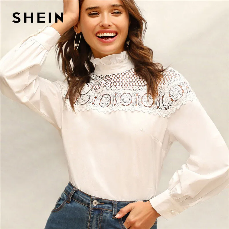 

SHEIN Lady Solid Frilled Trim High Neck Guipure Lace Yoke Blouse Spring Cotton Elegant Bishop Sleeve Womens Tops And Blouses