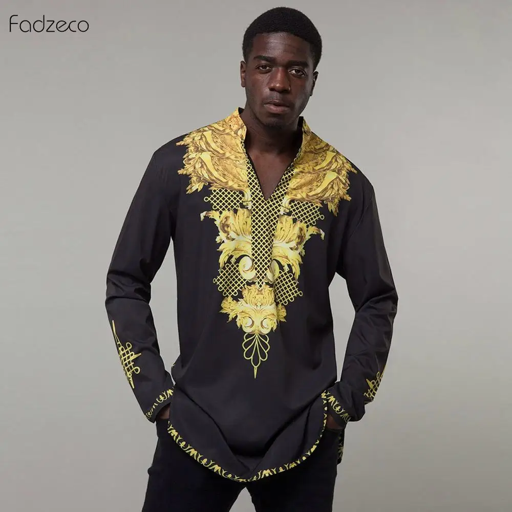

Fadzeco African Men Bazin Riche Clothes V Neck Long Sleeves African Men Shirt Plus Size Dashiki African Clothing Ches Embroidery