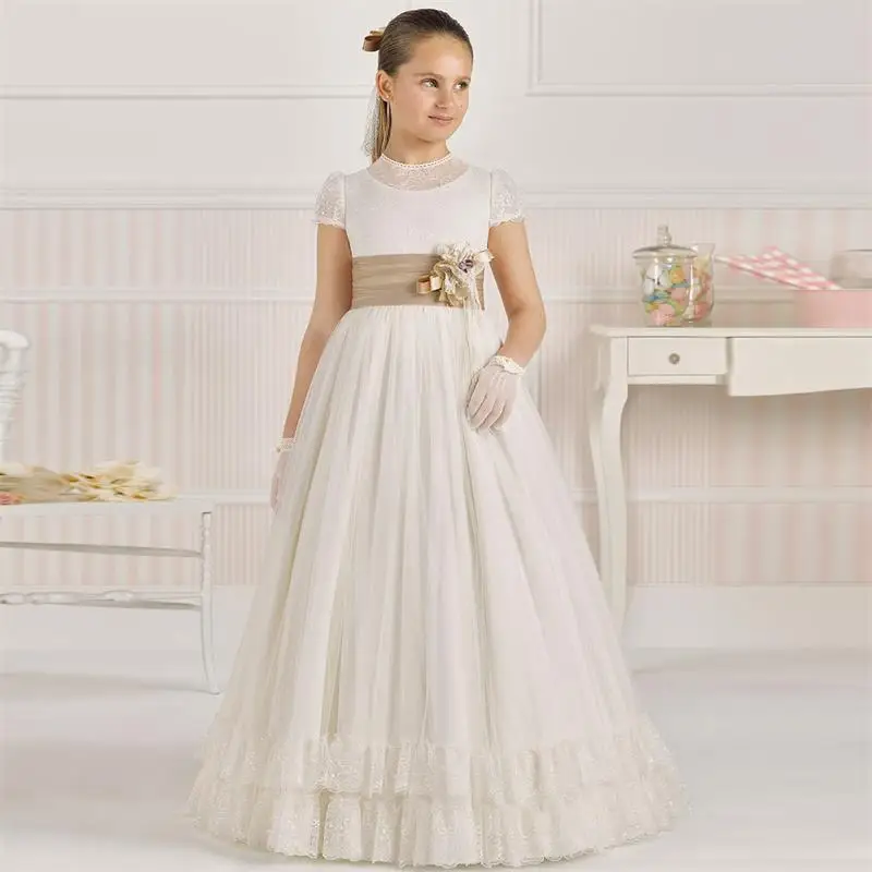 2017-Elegant-Floor-Length-Flower-Girl-Dresses-with-Champagne-Sash-A-Line-Short-Sleeve-Lace-Top