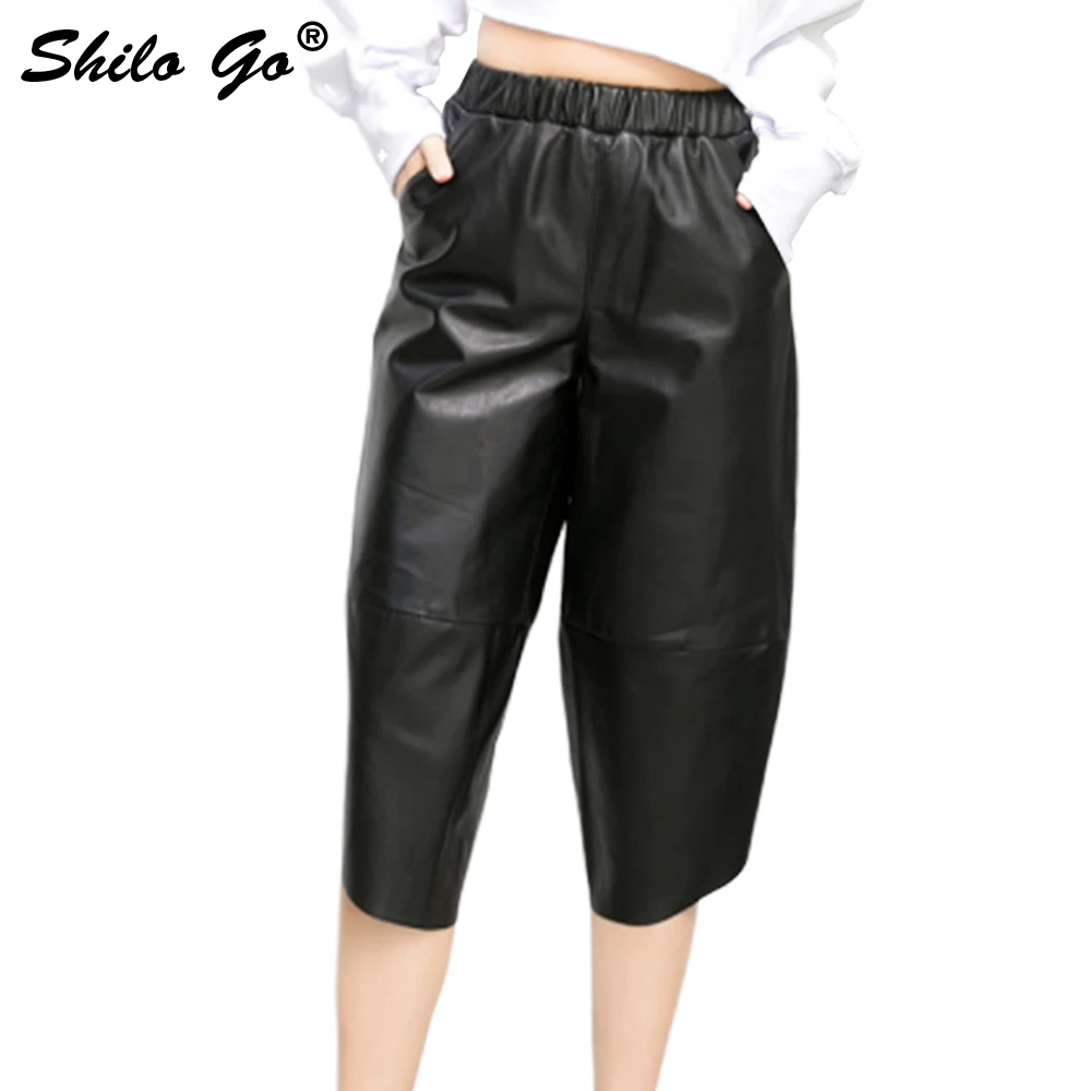 Casual Lederen Broek Vrouwen Zomer Stretch Hoge Taille Schapenvacht Lederen Broek Zwarte Knie Lengte Broek Casual Lederen Broek Vrouwen Zomer Stretch Hoge Taille Schapenvacht Lederen Broek Zwarte Knie Lengte Broek