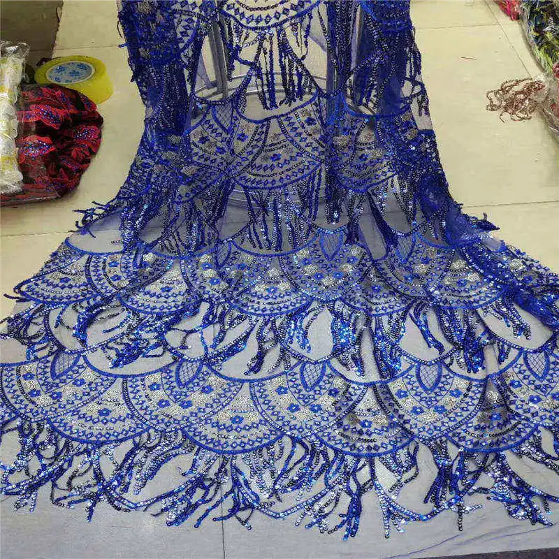 

Royal blue noble fabric African lace fabric paddock, organza fabric lace, sequined fringed tulle dress women's dress JX2496B