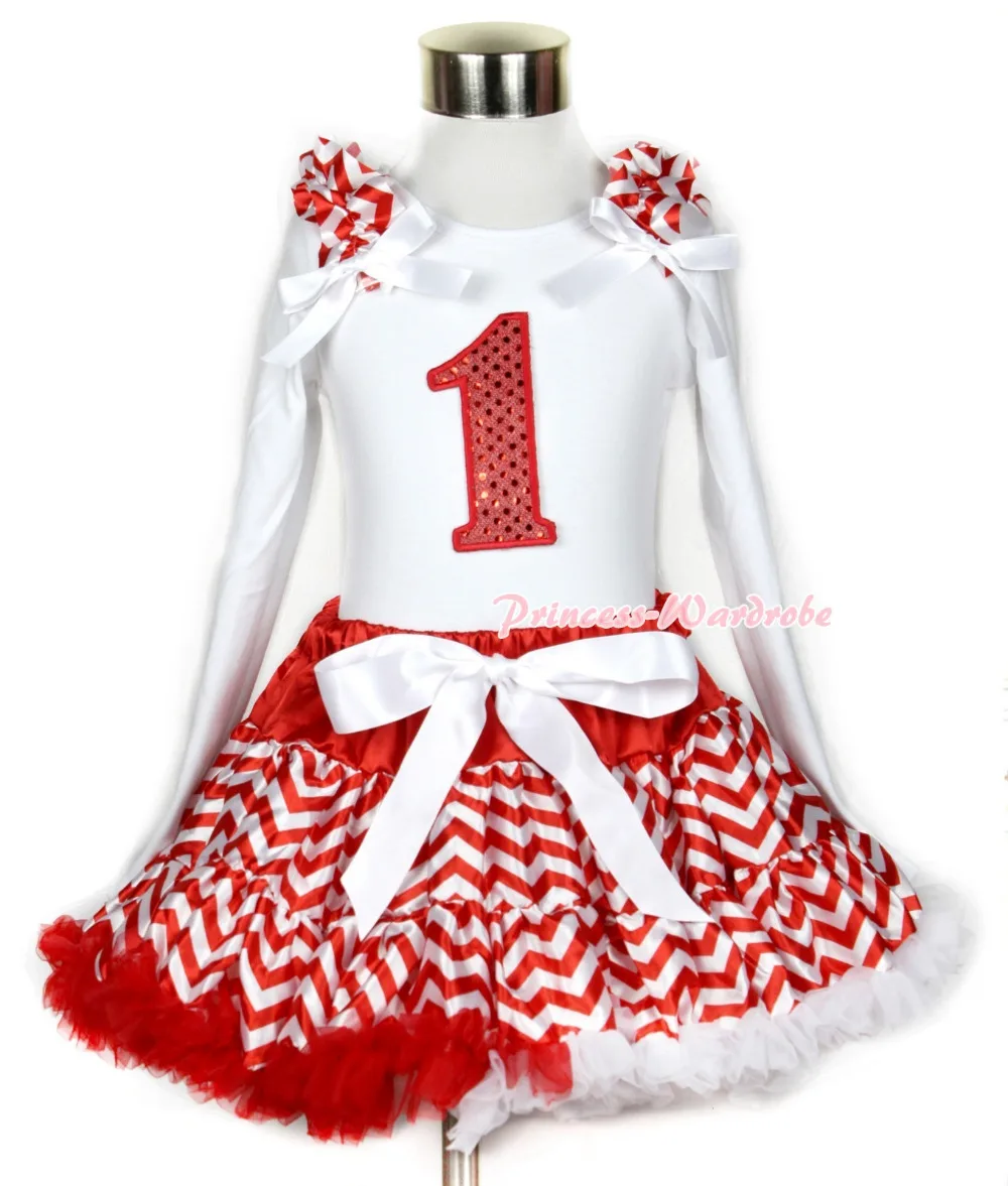 

Xmas Red White Wave Pettiskirt 1st Sparkle Red Birthday Print White Long Sleeve Top Red White Wave Ruffles White Bow MAMW286