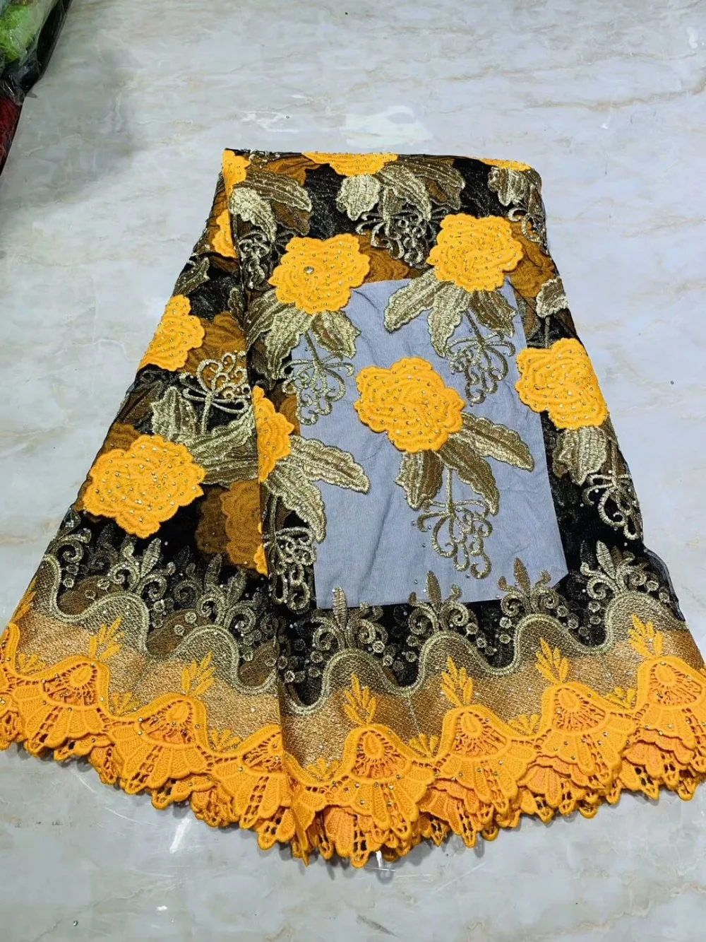 Yellow With Gold African Lace Fabric 2019 High Quality Pearls Embroidery Tulle stones 5 Yards | Дом и сад