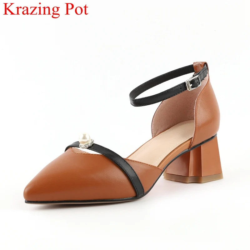 

2018 superstar genuine leather buckle strap shallow square heel women pumps pointed toe pearl two-piece office lady shoes L66