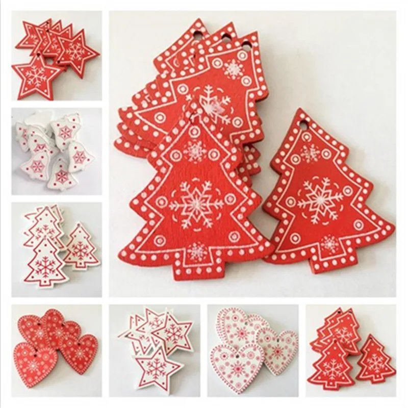 

10pcs/lot 5cm Red White Natural Wood Crafts Christmas Ornaments Pendant Hanging Gifts Snowflakes Heart Star Christmas Tree Decor