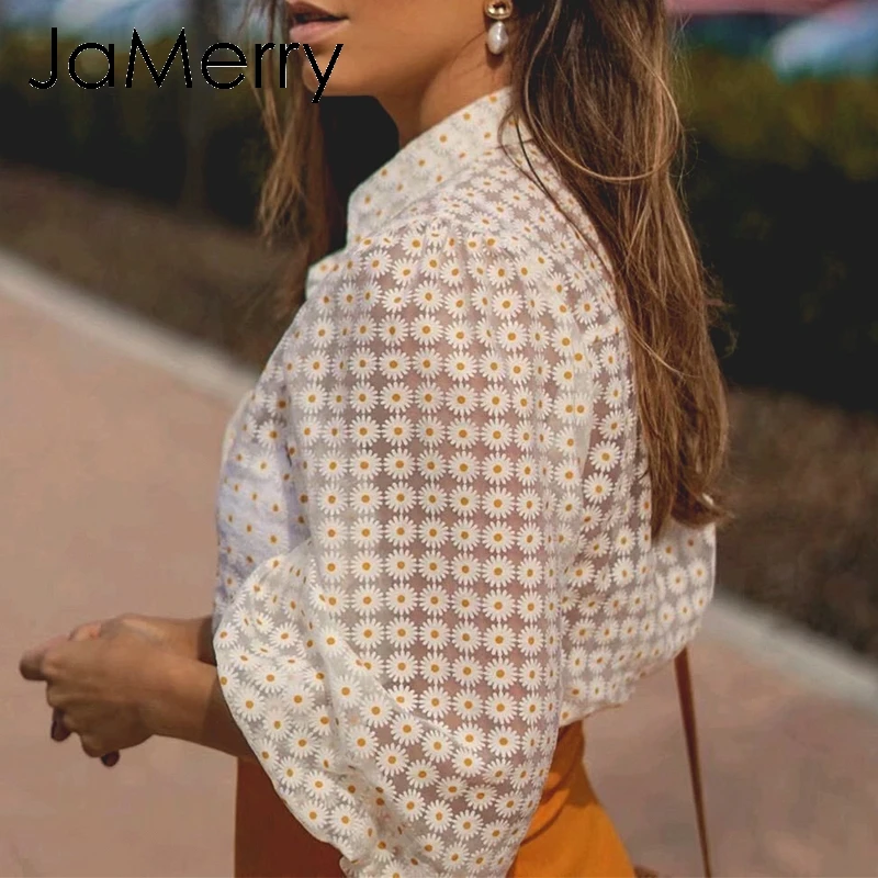 JaMerry Винтаж wweet цветок женская блузка рубашка Лето Элегантный бежевый топ