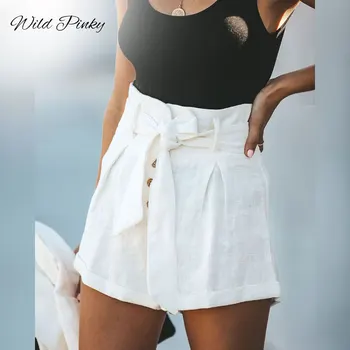 WildPinky High Stylish White Summer Cotton Linen Shorts Women Button Belt Tie Female Shorts High Waist Ruffle Casual Shorts ruffle trim self tie waist shorts