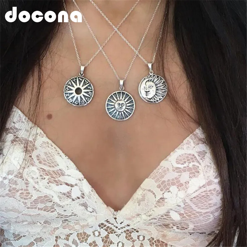 Docona البوهيمي الفضة اللون منحوتة الشمس القمر البوصلة قلادة قلادة للنساء خمر سحر الطبقات القلائد طوق 5354 Docona البوهيمي الفضة اللون منحوتة الشمس القمر البوصلة قلادة قلادة للنساء خمر سحر الطبقات القلائد طوق 5354