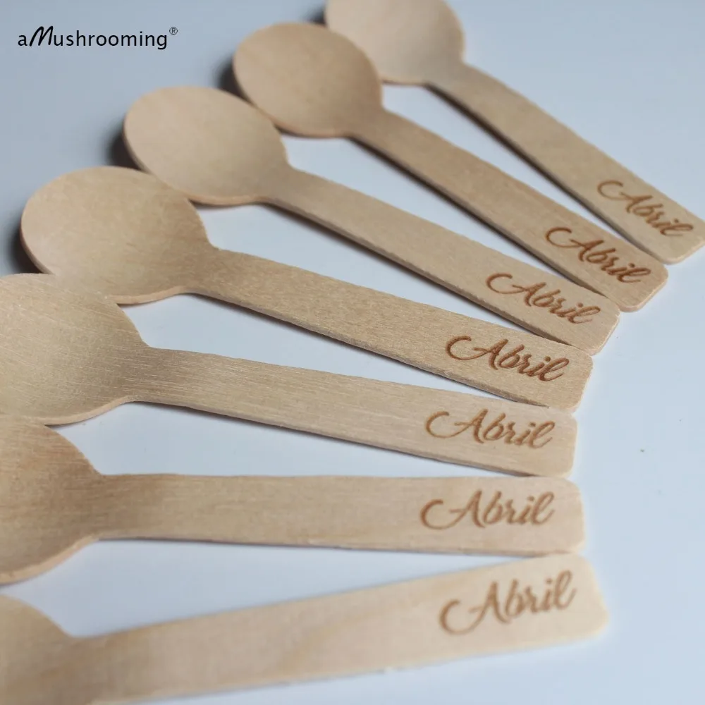 100 Personalized Small Round Ice Cream Spoons 4 Inch Disposable Wood Baby Shower Birthday Rustic Wedding Taster