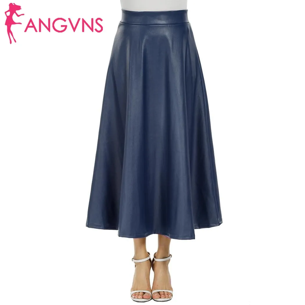 ANGVNS Winter Womens Maxi Skirt PU leather long skirt Slim Waist Autumn Vintage fashion Pleated Swing skirt Black 2018 Spring Skirts