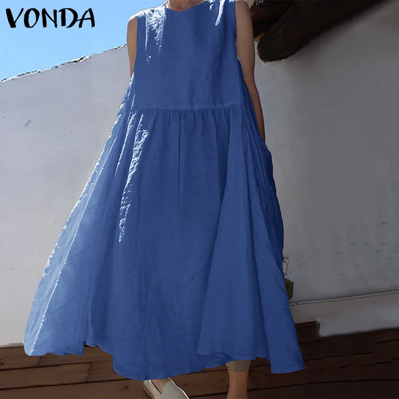 

Maxi Long Dress Summer 2019 VONDA White Cotton Plus Size Sexy O Neck Solid Color Dresses Vintage Casual Party Sundress Vestidos