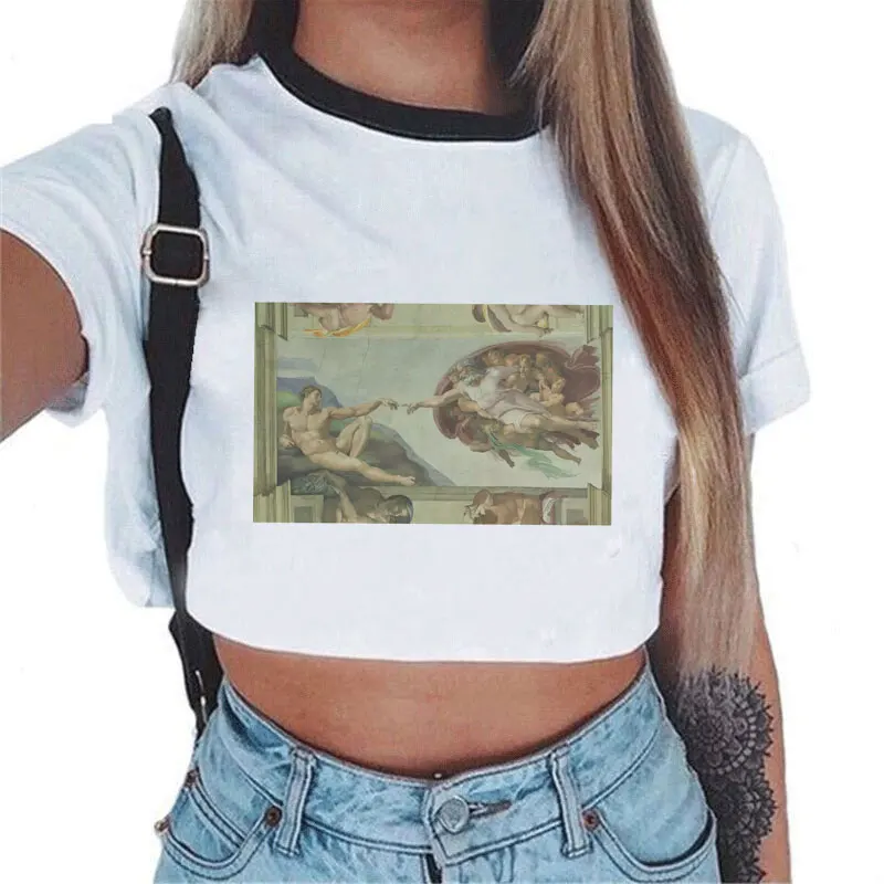 

Van Gogh Michelangelo Oil Painting Print Vogue T-Shirt Aesthetic Women Tshirt Harajuku Casual Sexy Cropped Tops T Shirts Summer