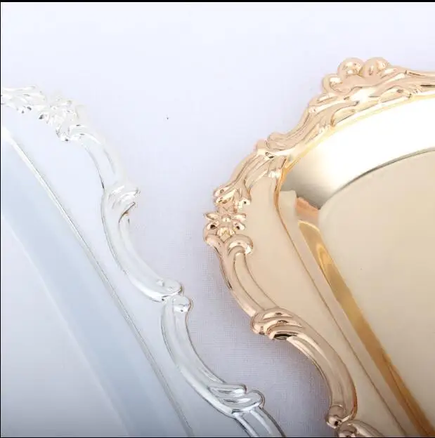 silver and gold plated rectangle cake pan with Beaded around wedding cake stand display rack for wedding decoration FT045