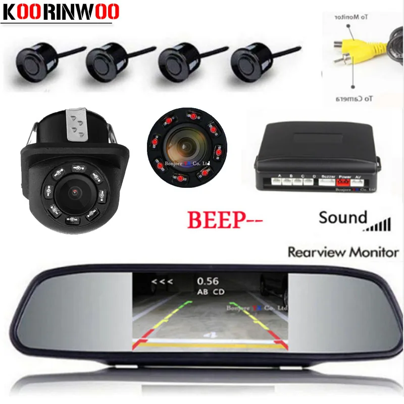 Koorinwoo Parktronic Car Screen Mirror Monitor Reversing Car Parking Sensor 4 Probe Alarm Backup Rear view