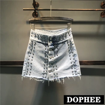 

Personality Riveted Jeans Shorts Women's 2019 New Summer High Waist Hot Pants Trend Retro Denim Shorts