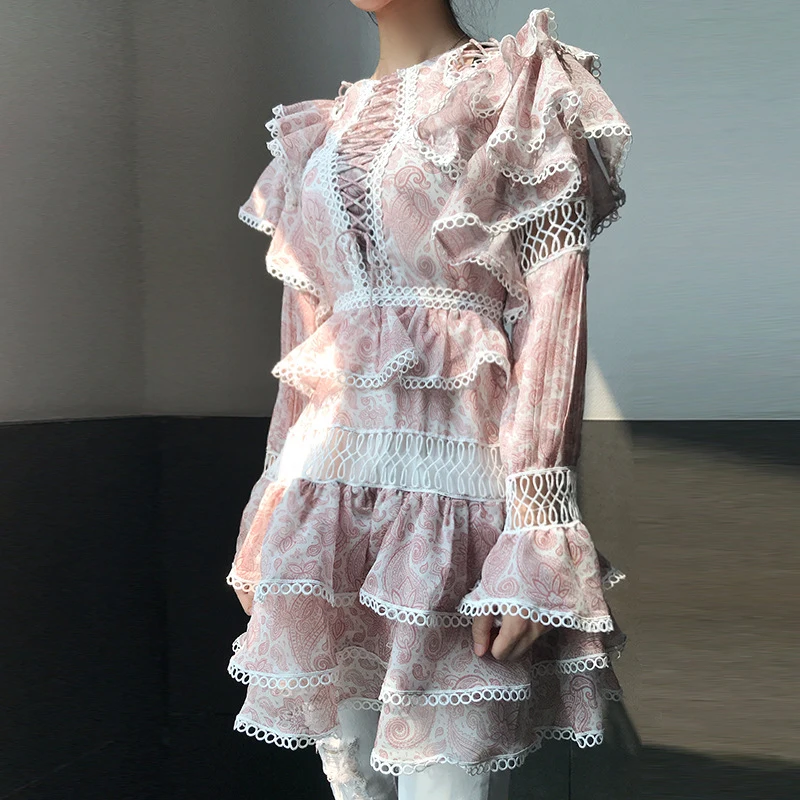 

2019 New Fashion Summer Designer Print Ruffles Hollow Out Woman Mini Dress Flare Long Sleeve High Waist Dress Vacation Vestidos