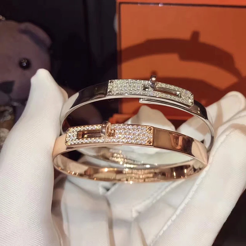 

Brand Pure 925 Sterling Silver Jewelry For Women Twist Lock Silver Bangle Half Stone Rose Gold Bangle Wedding Jewelry Easy Lock
