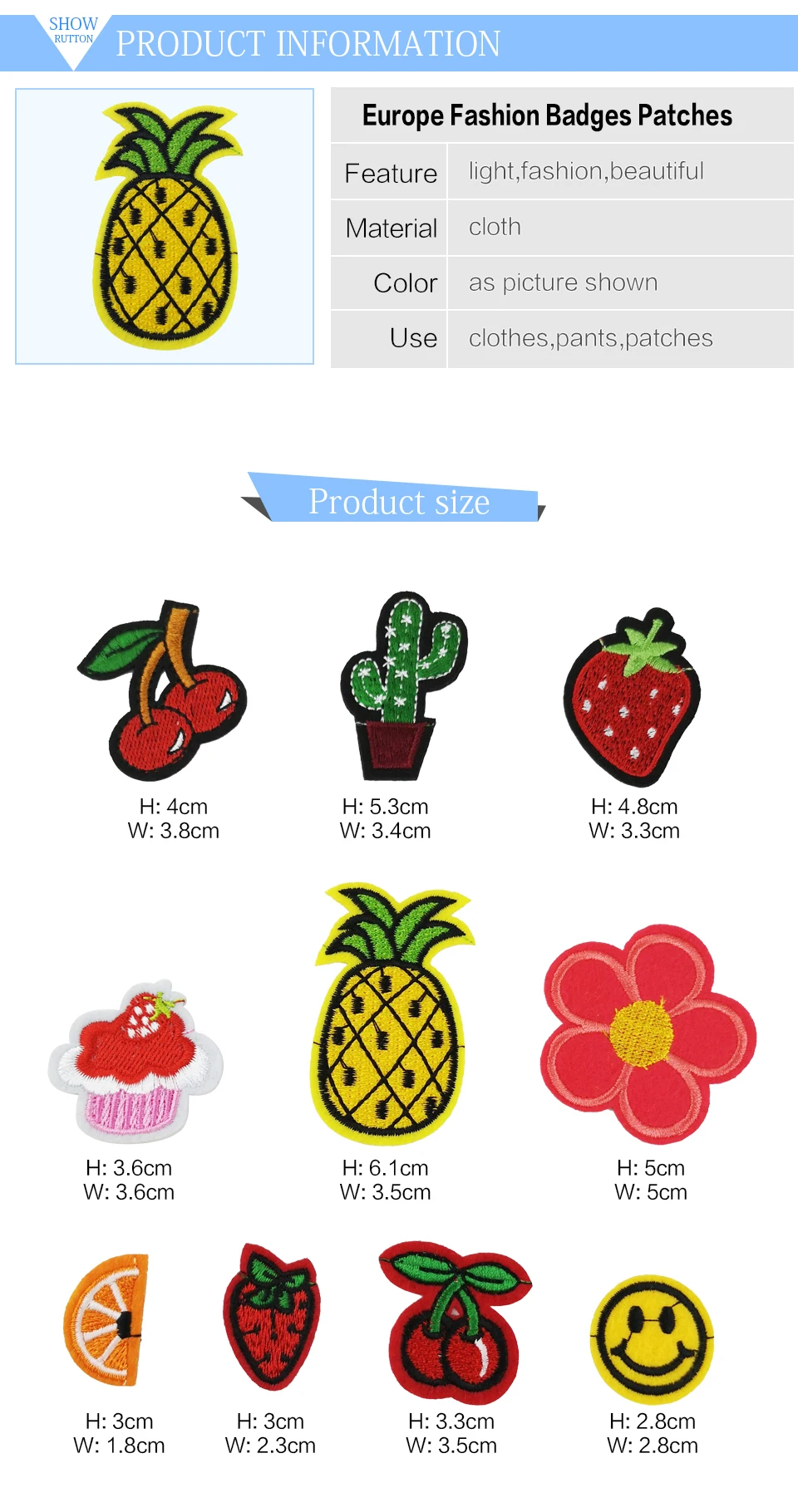 Iron Patches For Clothing Kids Pineapple Cactus Cherry Strawberry Cake Smiley Flower Embroidered Patches For Clothes Applique (1)