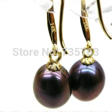 Xiuli 00264 Идеальный падение 9*10 мм павлин черный south sea pearl мотаться серьги 14KGP solid gold