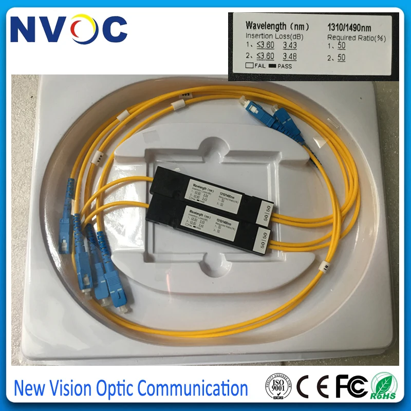 50/50 1X2 FBT волоконная муфта SM тройное окно 1310/1490/1550 2 0 мм 1 м Коробка ABS 90*20*10 SC/UPC 1*2