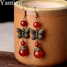 Yanting натуральные серьги с красным камнем для женщин, классические серьги-бабочки из древнего медного сплава, женские серьги, этнический подарок, 080