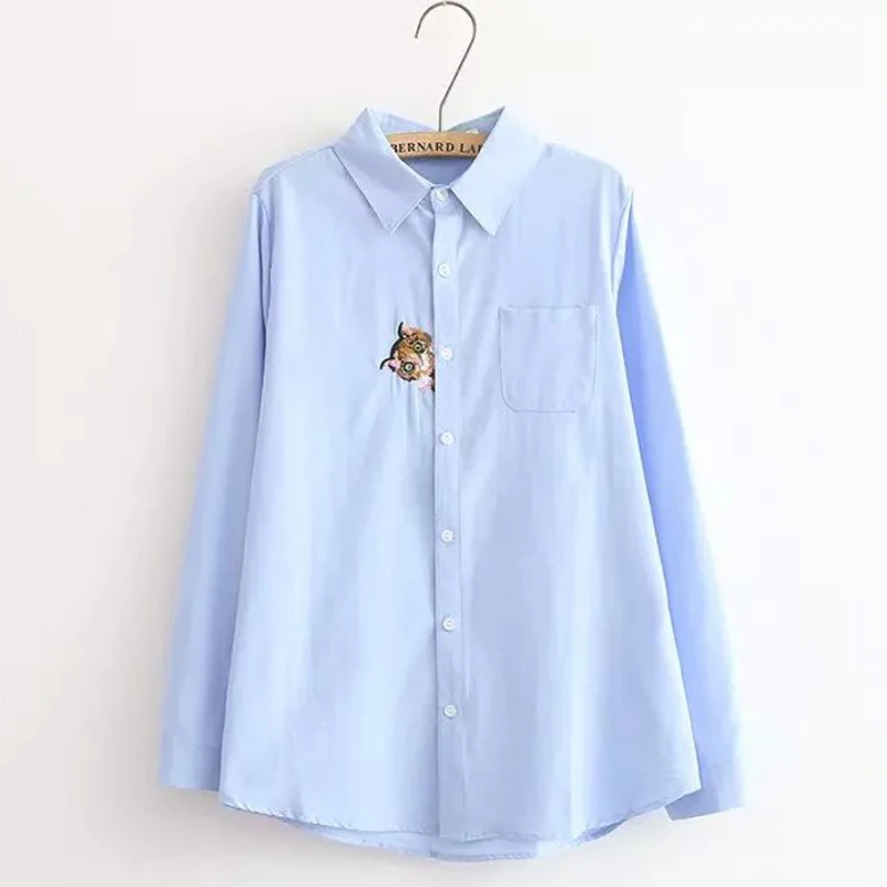 3XL Cat Embroidery Long Sleeve Women Blouses And Shirts White Blue Female Ladies Casual Shirt Tops Plus Size Blusas Blouse