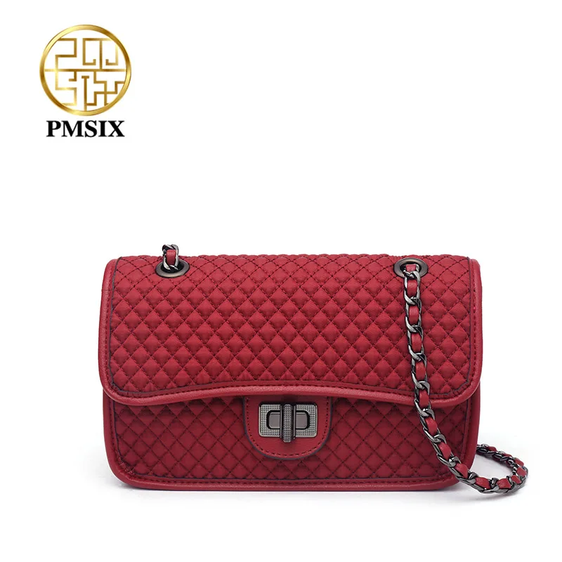 

PMSIX High Quality Lingge Female Canvas Bag Soft Waterproof Square Package bags Simple Red Inclined shoulder bag for women 2019