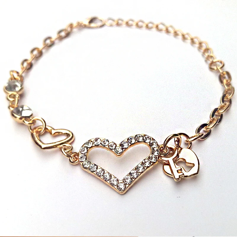 

Crystal Heart Charm Bracelet Gold Color Lock & Key C Bracelets for Women Love Bangles Jewelry Gift