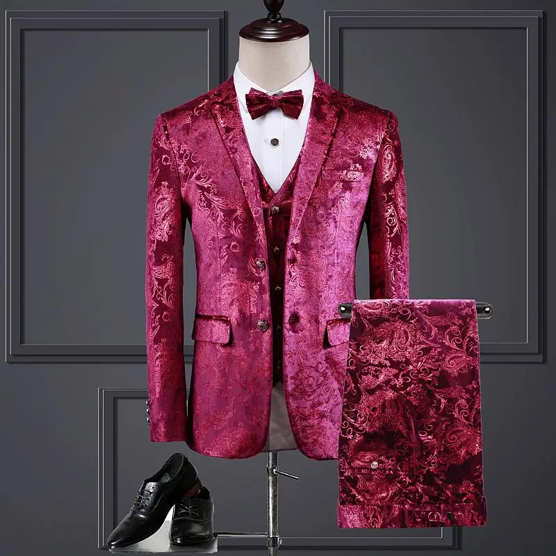 Мужские костюмы красного золота(куртка+ жилет+ брюки) Vetement Homme костюмы костюм для жениха плюс размер 4xl вечерние костюмы для ночного клуба Slim Fit костюм для мужчин - Цвет: RED GOLD