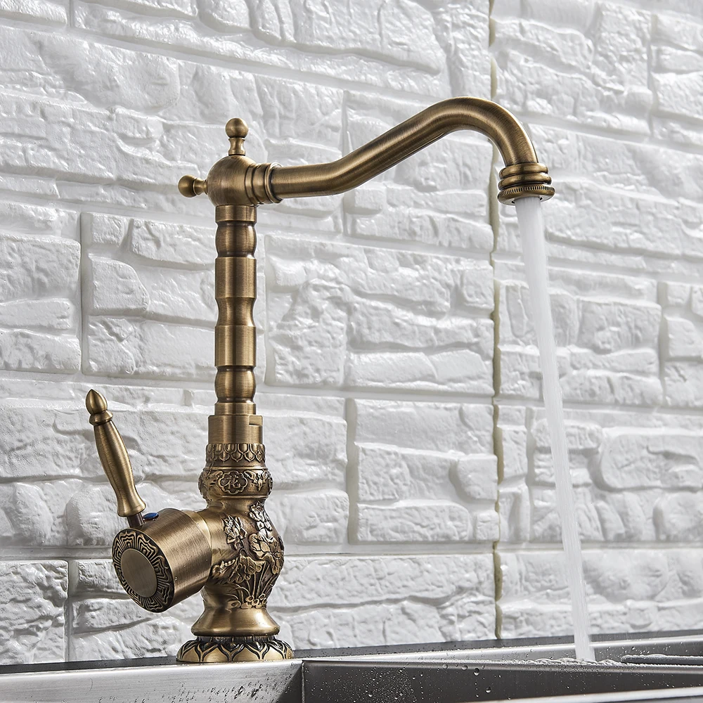 European Style Kitchen Faucet Antique Brass Carved Flower Art 360 Degree Swivel Cold and Hot Water Mixe Tap