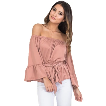 

2016 Autumn New Elegant Loose Sexy Off Shoulder Slash Neck Ruffle Silk Satin Bow Belt Women Soft Blouse Shirt Tops Blusas Party