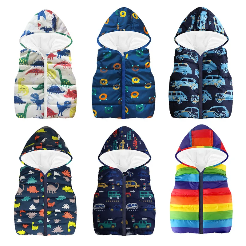 Cheaper Autumn Winter Warm Kids Vests For Boys Cartoon rainbow Outerwear Sleeveless Hooded Jackets Gilet Baby Boy Coats