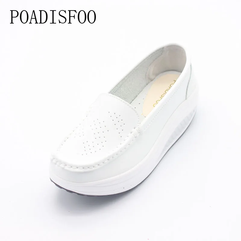 

POADISFOO Genuine Leather Women's n Wedges Casual Shoes Flexible Platform Comfy loafers Shoes with Print Plus Size .SPP-8102