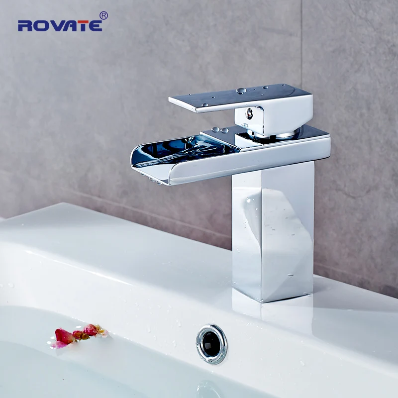 ROVATE مستوى واحد شلال صنبور حوض للحمام صنبور الغرور بالوعة صنبور حوض خلاط كروم مصقول
