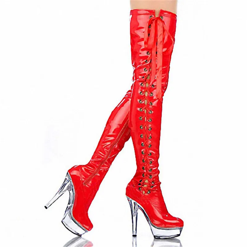 15cm high-heeled shoes crystal cutout boots lacing over-the-knee platform boots Thigh High Boots for Women 6 inch ladies' boots