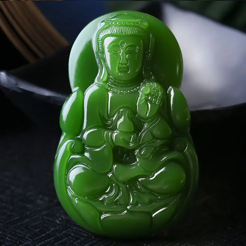 

Natural Green Hand-carved Chinese Hetian Jasper guanyin Pendant + Rope Necklace
