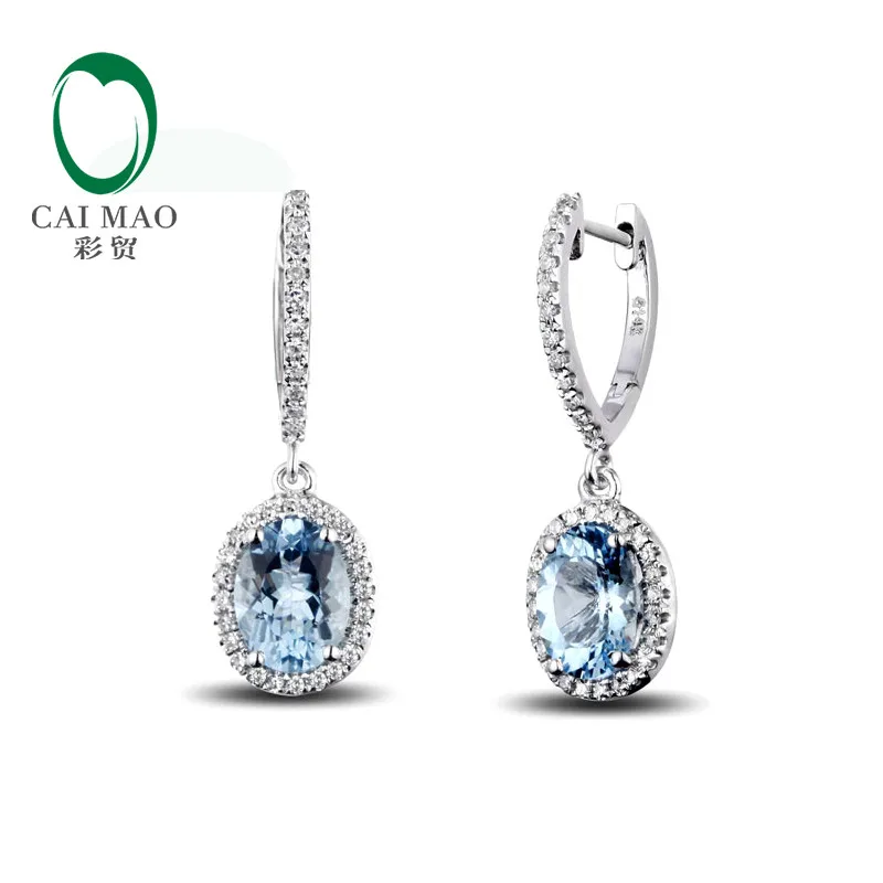 Caimao ювелирные изделия классические 14 К белое золото синий Aquamorine & Diamond свадебные серьги