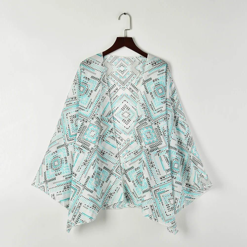 Boho Kimono Cardigan Autumn Flare Sleeve Tops For Women Fashion Geometric print Chiffon Blouse And Top Beach Cover Up Blusas Blouses