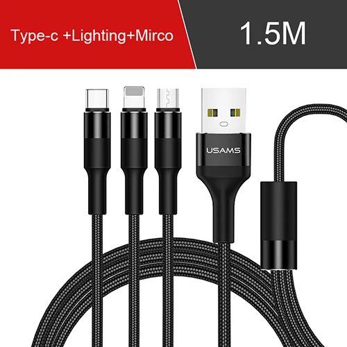 USAMS 3 в 1 USB кабель type C кабель для samsung s9 plus Micro usb кабель для зарядки для iPhone X 8 7 6s Plus 5 5S SE 5c C кабель - Цвет: 1.5m Black 3 in 1