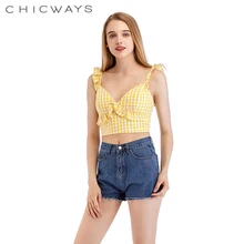 Chicways Sexy Summer Tanks Backless Gingham Ruffled crop top Check Plaid V-Neck sweetheart Holiday Short Tops zipper Back 2018 v neckline fluted sleeve gingham top