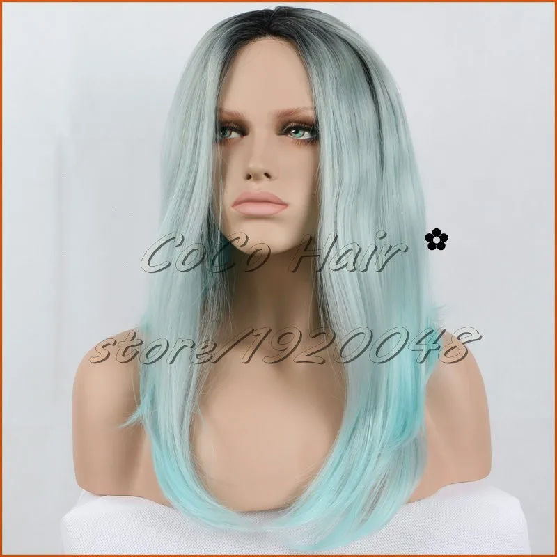 mint blue bob Ombre Wig Brown root (4)