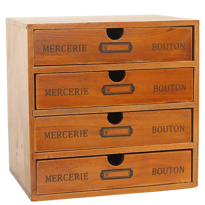 Retro Wooden Storage Box Home Office Desktop 4 Layer Drawer