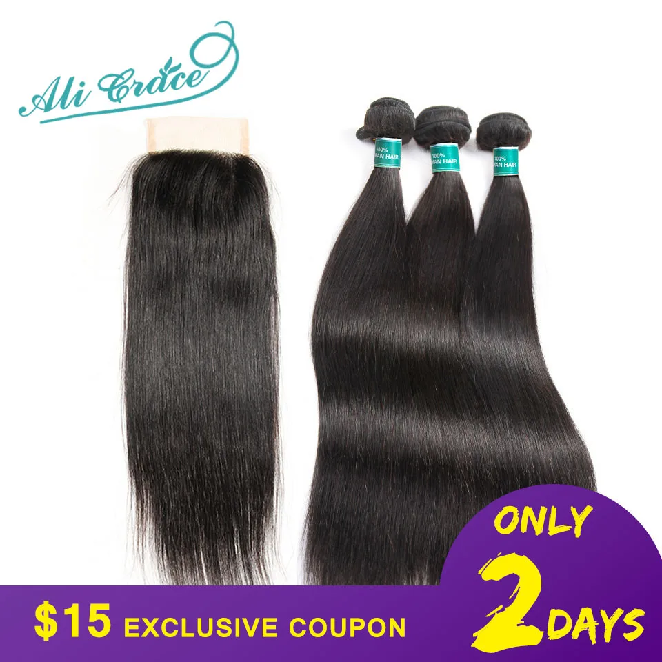 

Ali Grace Hair Brazilian Straight Hair Bundles With Closure 4*4 Middle Free Part 2 Option 100% Remy Human Hair With Closure