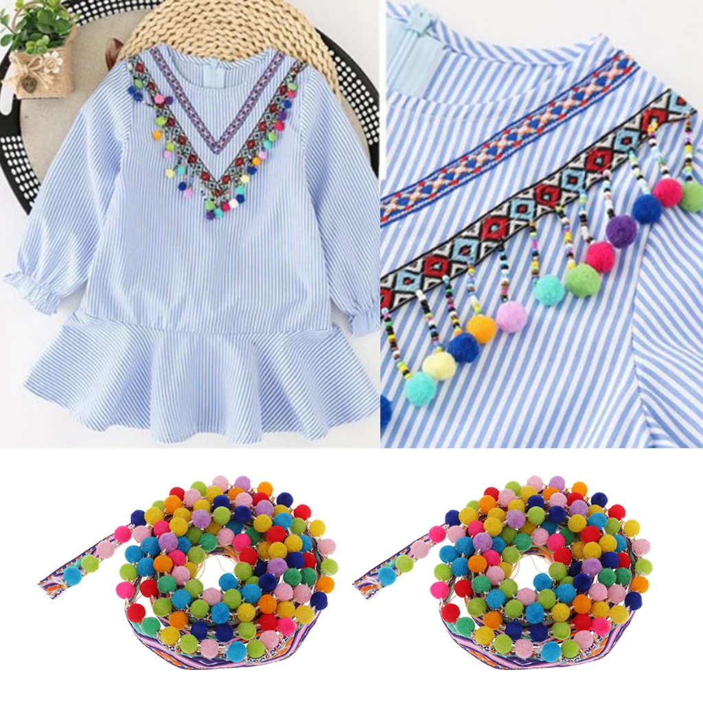 

2 Yards Multicolor Pompom Tassel Trim Ball Fringe Ribbon for DIY Sewing Craft